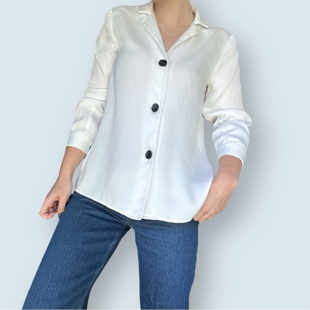Zara White Satin Button Up Shirt (Size Small)